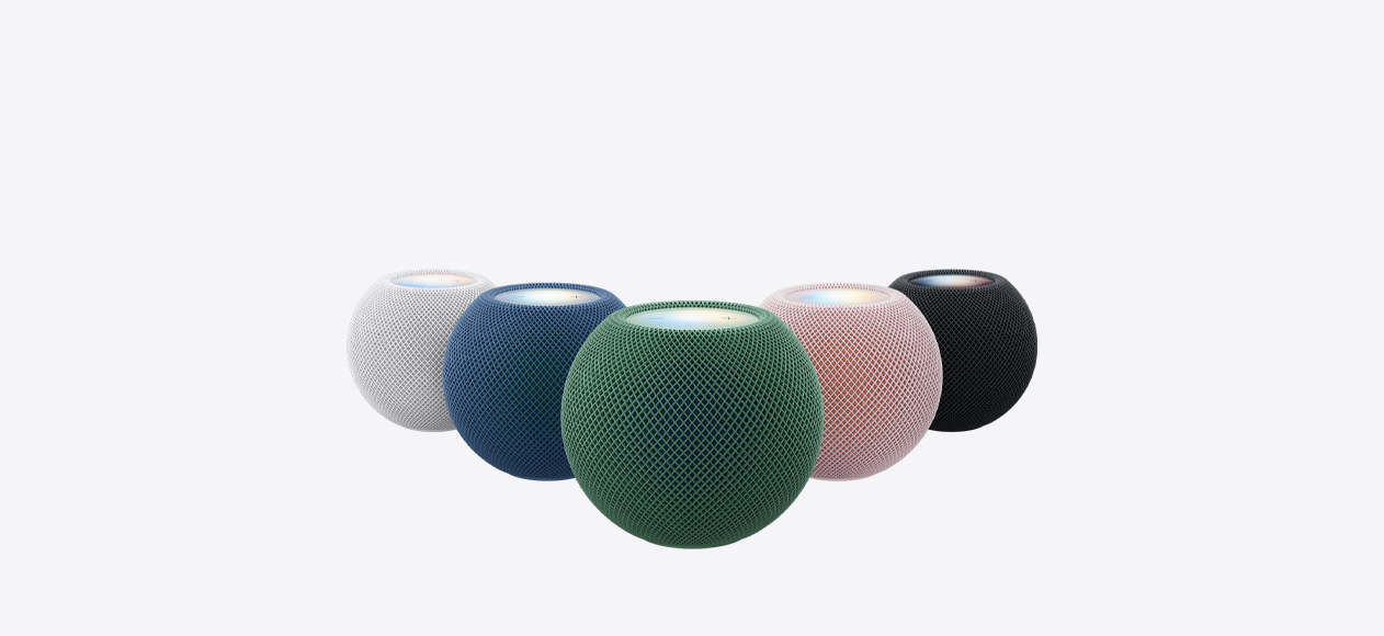 HomePod mini 2, all five colors: white, pink, green, blue, and midnight