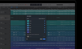 MacBook Pro, Logic Pro, waveform tracks, Stem Splitter panel, categories: vocals, drums, bass, other, each with separate audio waveform