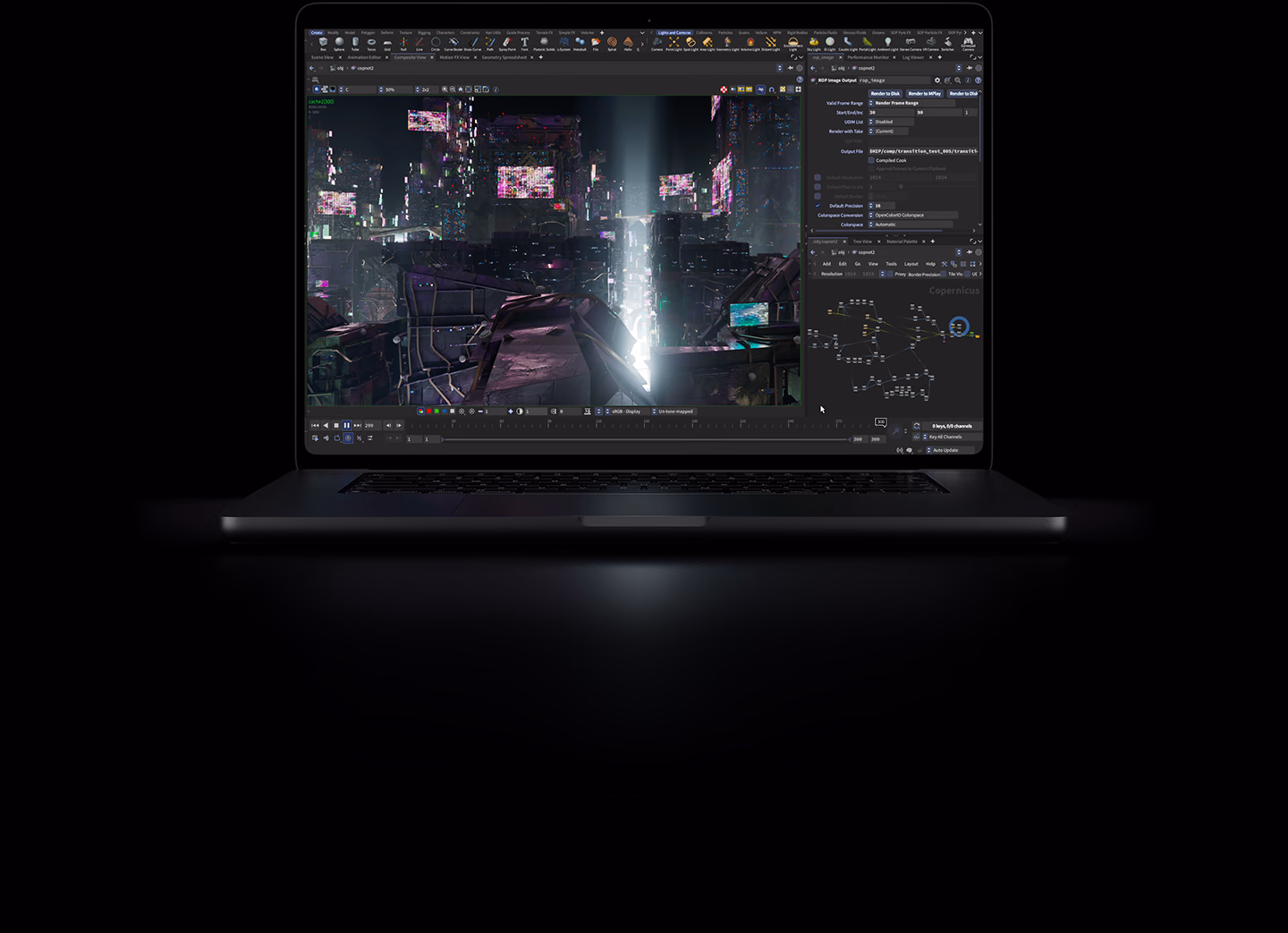 16-inch MacBook Pro with PROLED XDR Display, space black color, display shows a 3D computer-generated cityscape rendered in Houdini